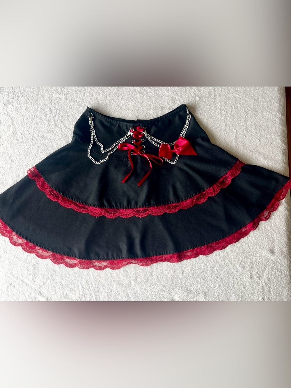 Social Collision Black Mini Skirt with Red Lace Trim and Silver Chain Details M